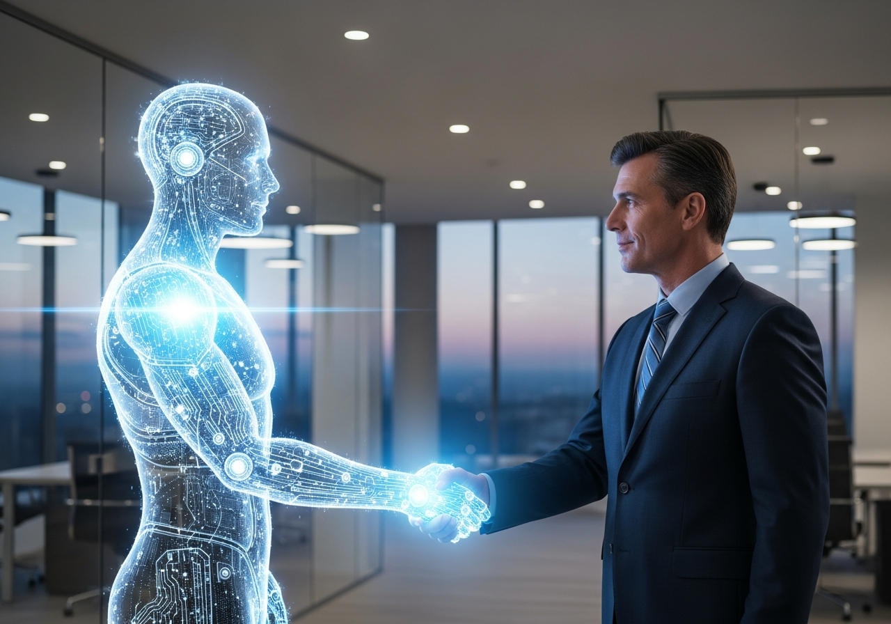 Business Mann und KI Agent beim Handschlag