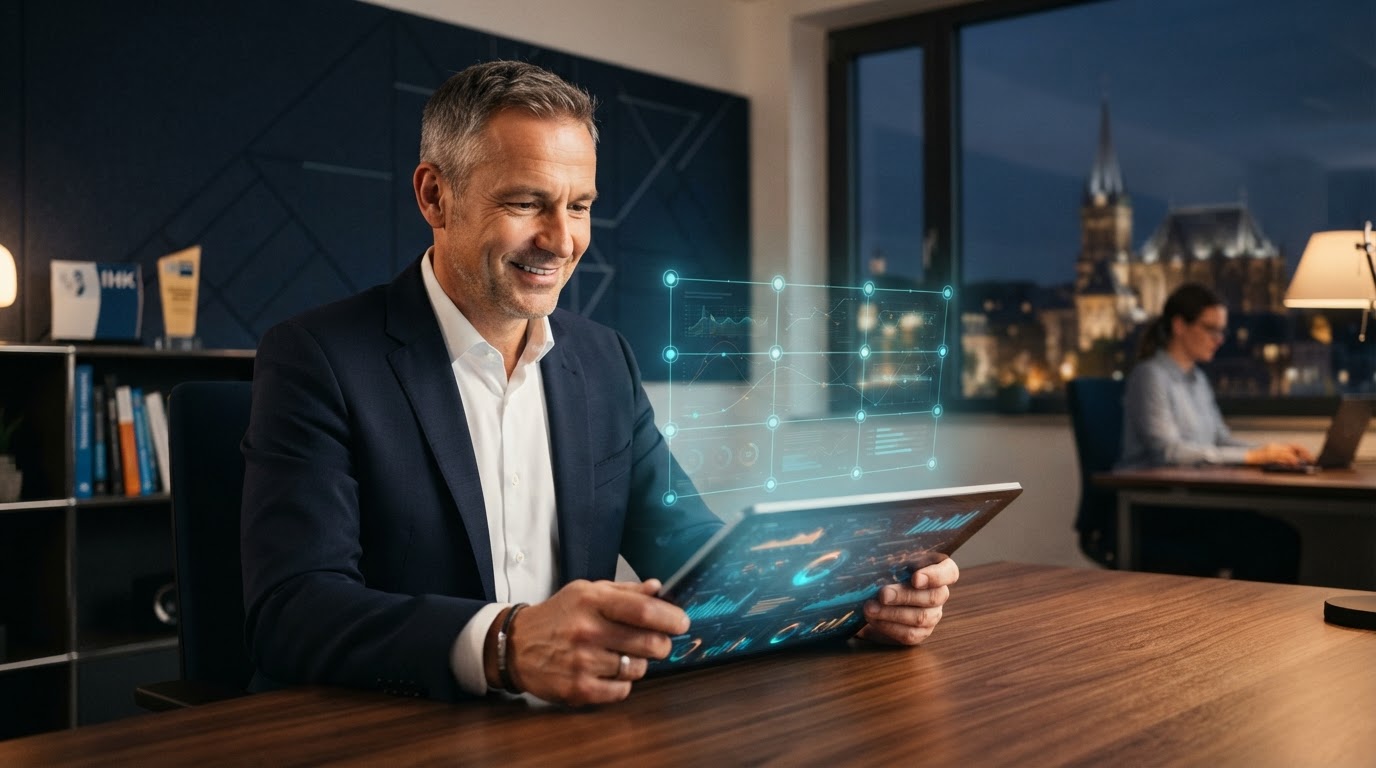 Selbstbewusster europäischer KMU-Inhaber in einem modernen Aachener Büro, der einen Digitalisierungsfahrplan auf einem Tablet prüft, mit dezentem cyanfarbenem 3x3-Raster-Overlay, warmes Premium-Licht