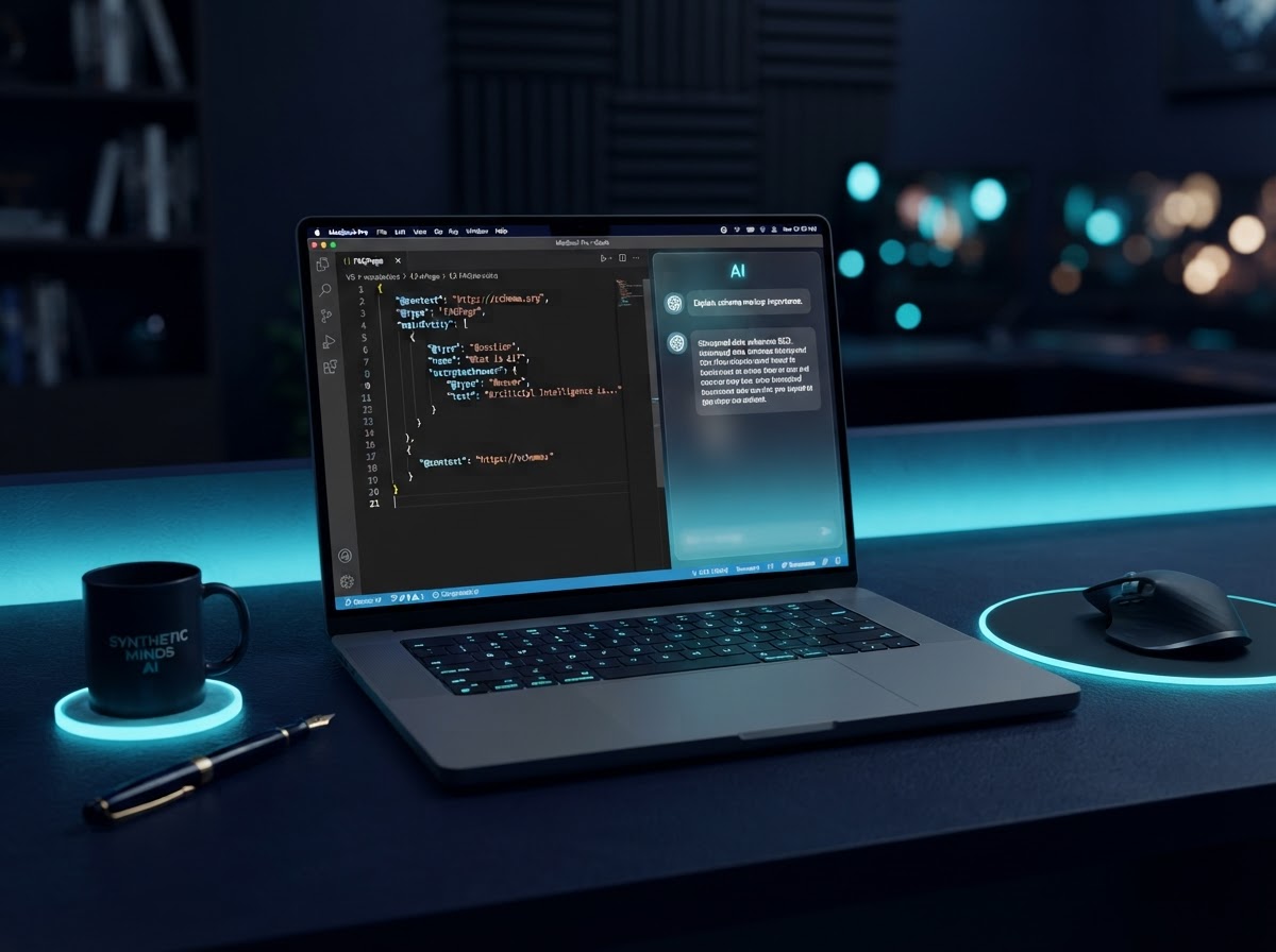 Laptop mit FAQ-Schema-Markup und KI-Chatbot-Interface