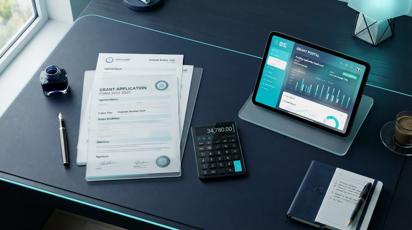 Förder-Antragsunterlagen und Tablet mit Förderportal