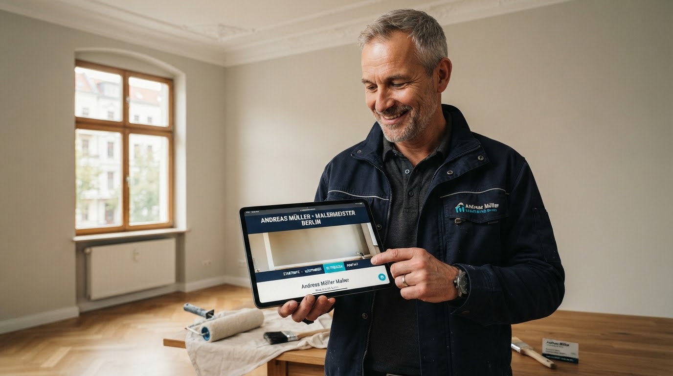 Handwerker in Berlin betrachtet seine neue moderne Webseite auf dem Tablet