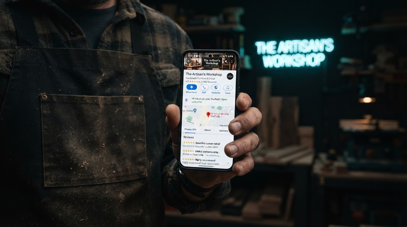Smartphone mit Google-Unternehmensprofil, Sterne-Bewertungen und Kartenpin eines Handwerksbetriebs