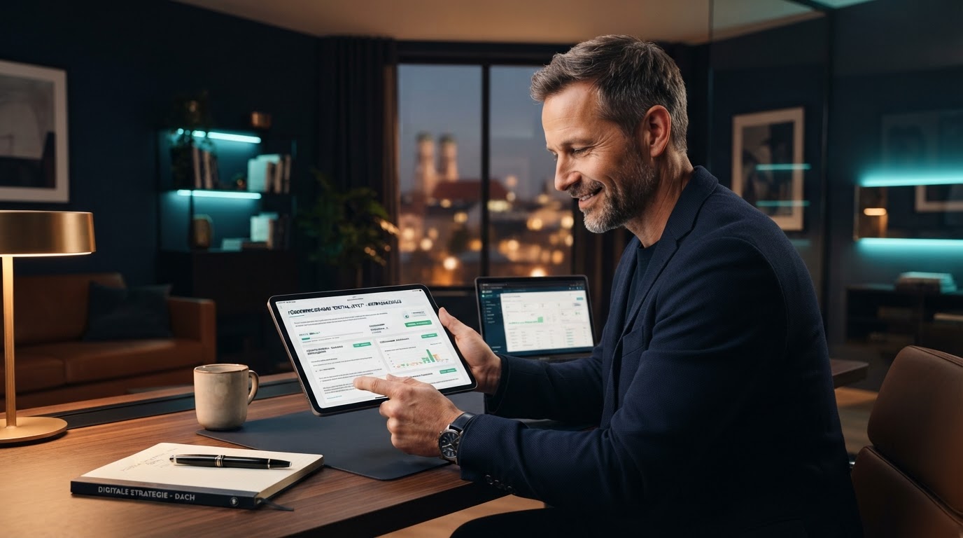 Selbstbewusster europäischer KMU-Inhaber im dunklen Büro, der Förderunterlagen auf einem Tablet prüft, warmes Premium-Licht mit dezenten Cyan-Akzenten