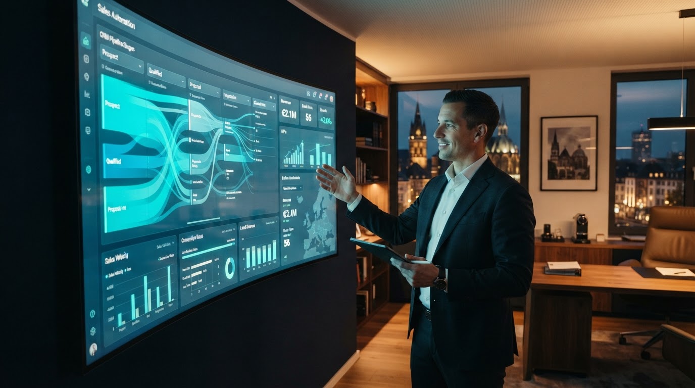 Selbstbewusster europäischer B2B-Unternehmer in einem modernen Aachener Büro vor einem leuchtenden Display mit Vertriebsautomatisierungs-Dashboard, verbundener CRM-Pipeline mit cyanfarbenen Datenflüssen, warmes Premium-Licht