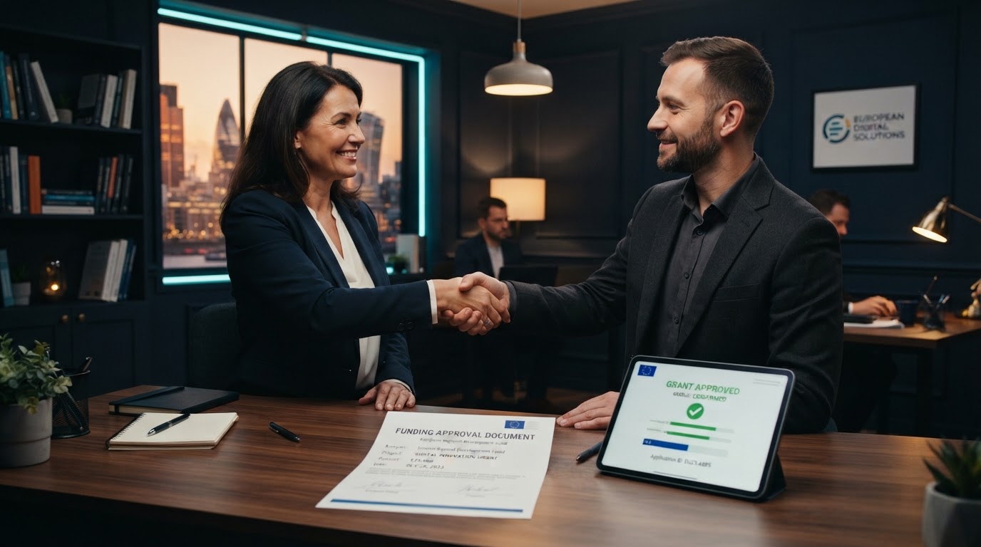 Europäischer KMU-Inhaber schüttelt die Hand eines digitalen Beraters über einem Förderbescheid und einem Tablet mit bewilligtem Förderstatus
