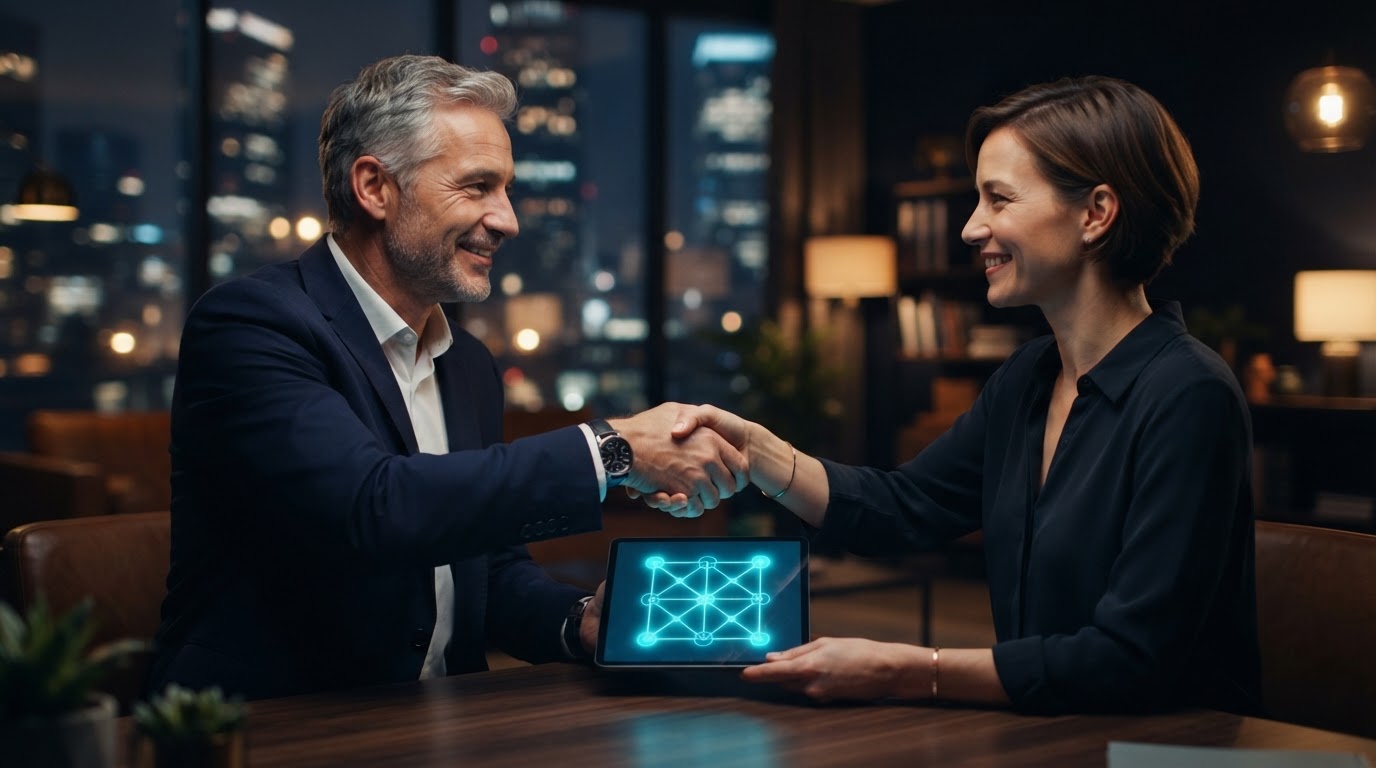 Europäischer Unternehmer und digitaler Berater reichen sich die Hand über einem Tablet mit leuchtendem 3x3-Raster aus neun verbundenen Corners, cyanfarbenes Glühen, dunkles Navy-Büro