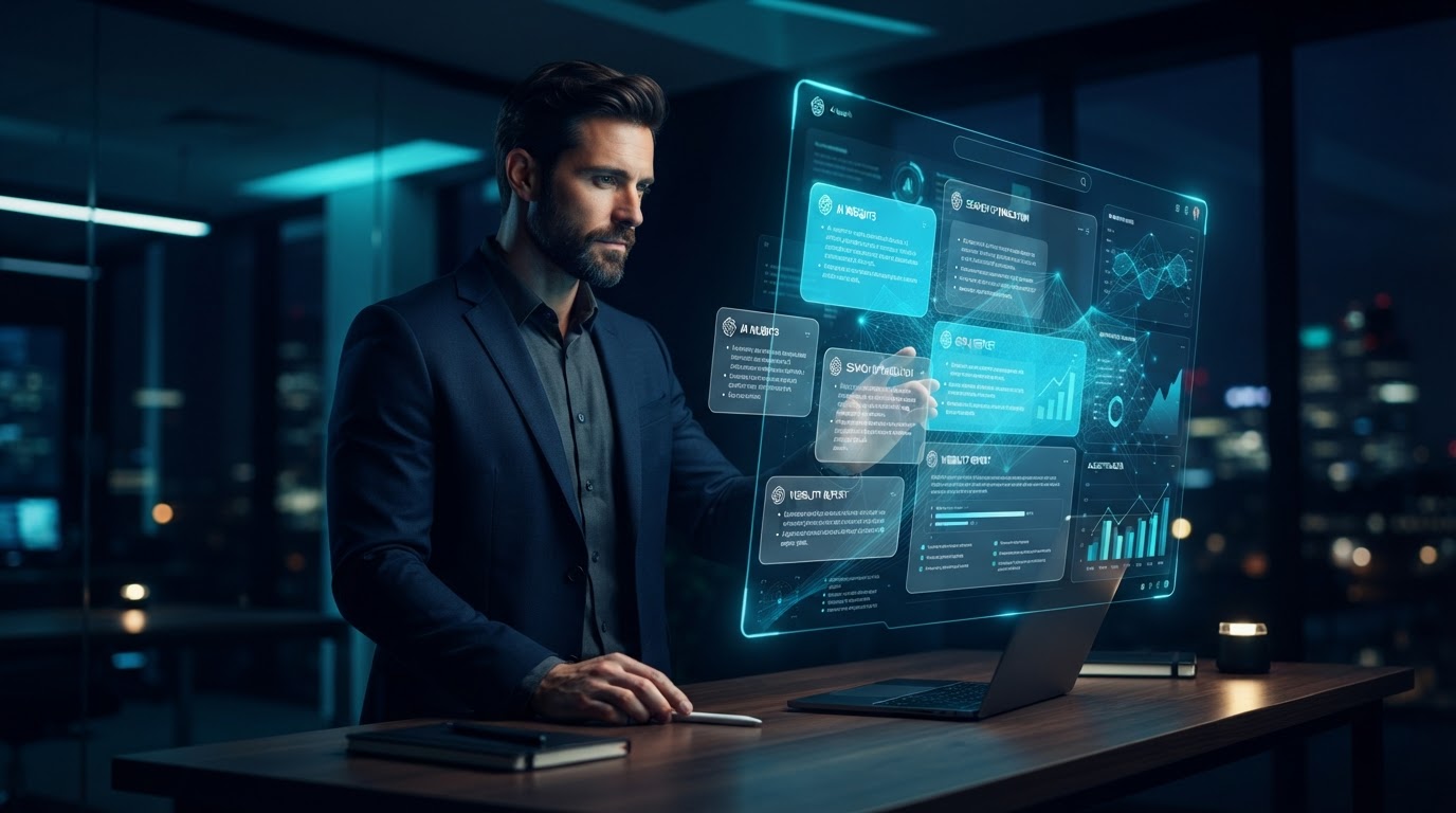 Unternehmer vor holographischem Interface mit KI-Suchergebnissen in dunklem Büro