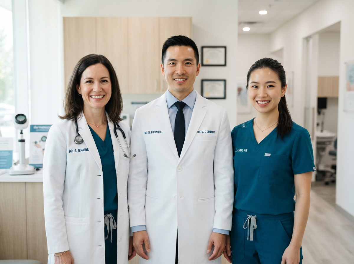 DermaCare team of three doctors standing together in the clinic