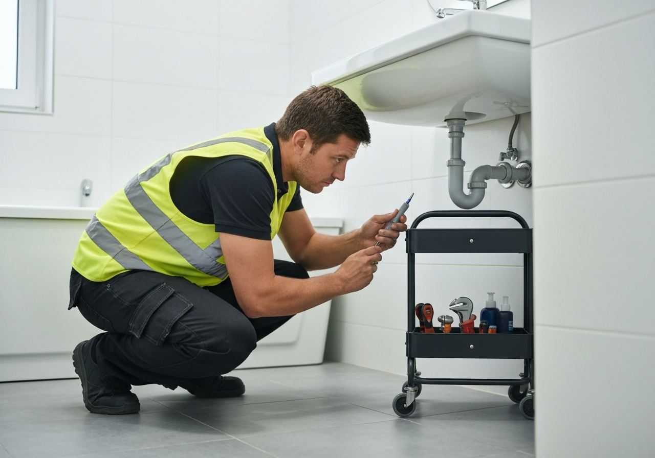 Professional plumbing contractor fixing a sink
