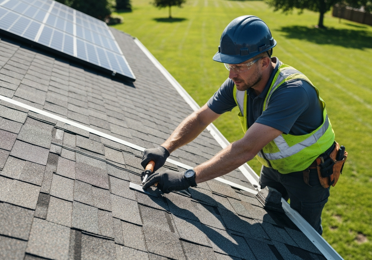 Professional roofing contractor on a roof