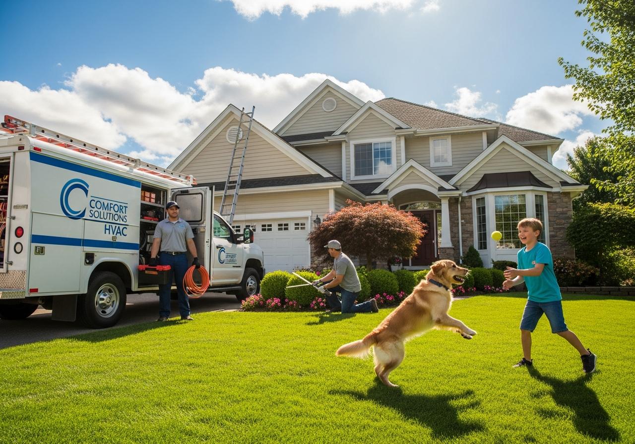 Suburban home with HVAC service truck, worker, landscaper, and family playing