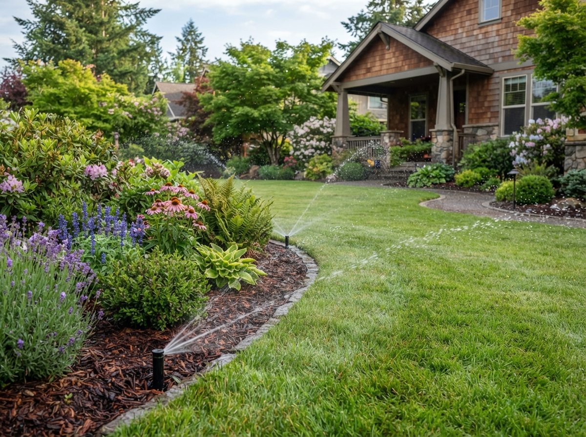 Rotor sprinklers installed in a landscaped planting area at a Salem, Oregon home