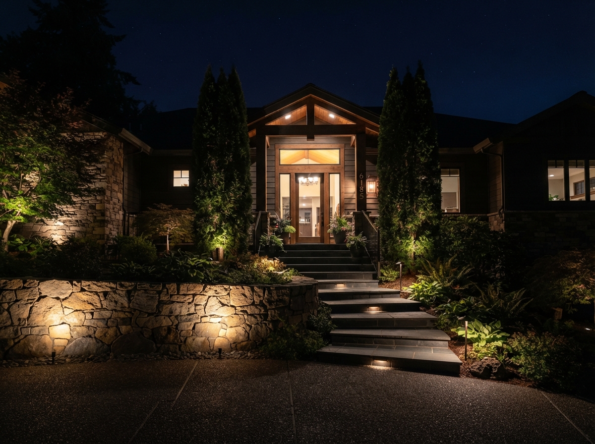 Front entry of a Salem, Oregon home at night with professional uplighting on stone walls and trees