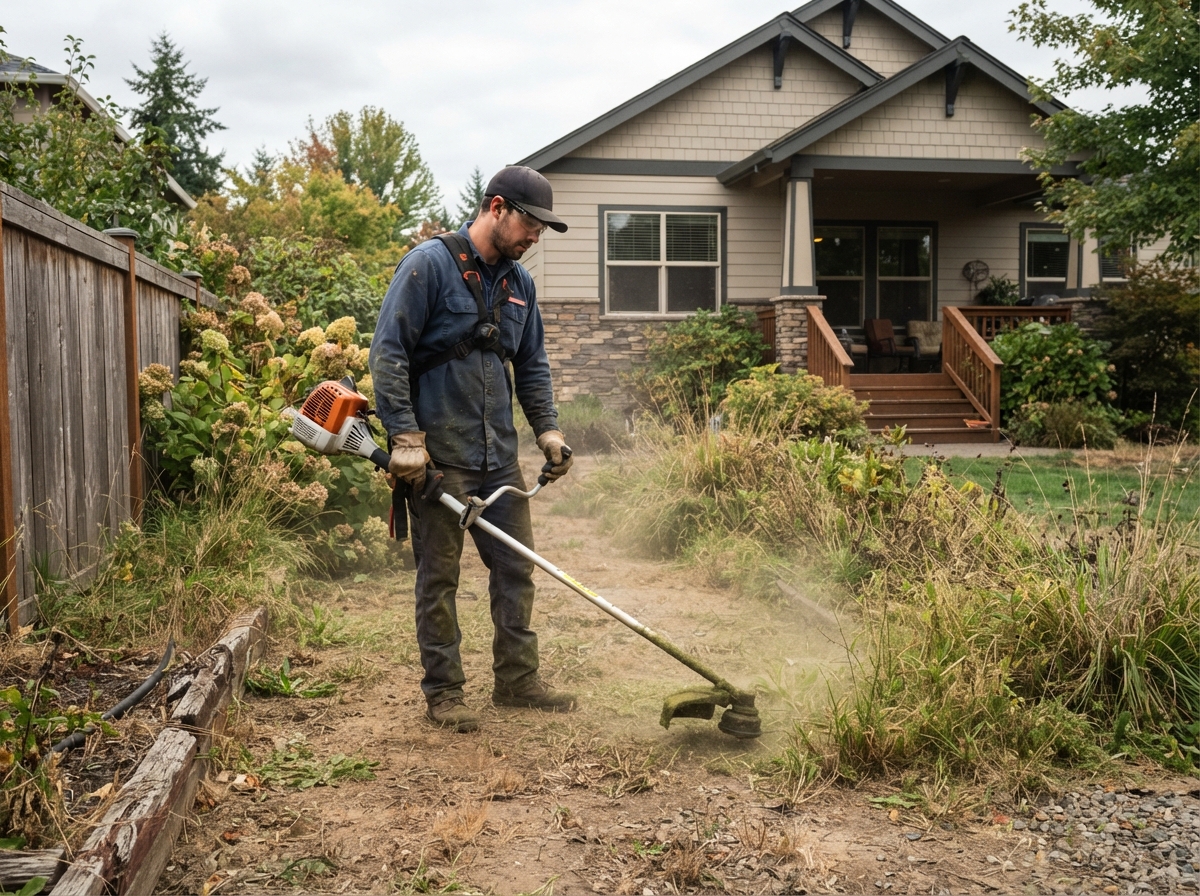 Technician performing seasonal landscape maintenance