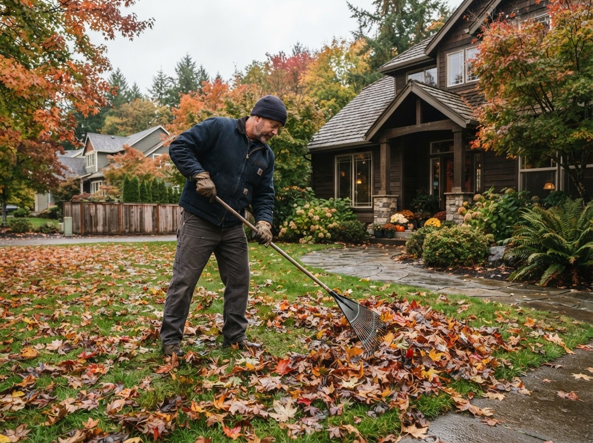 Landscape crew doing fall cleanup in Salem