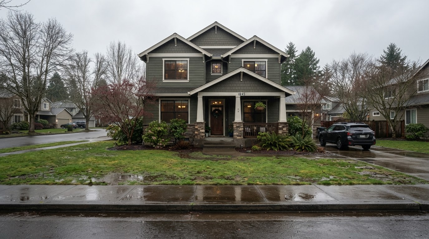 Mid-to-upper level Salem Oregon home with minor drainage issues on a gray winter day