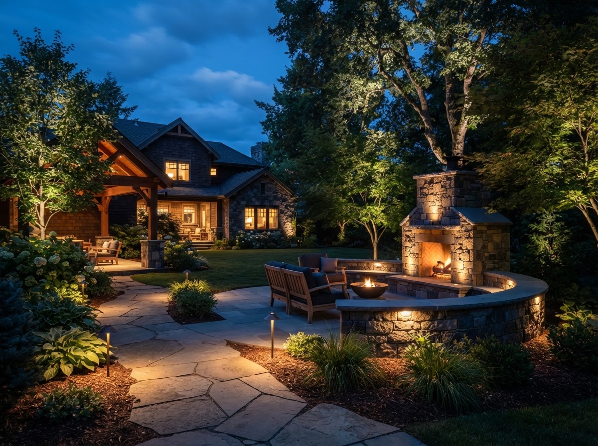 Illuminated backyard landscape at dusk in Salem, Oregon with subtle uplighting and path lights