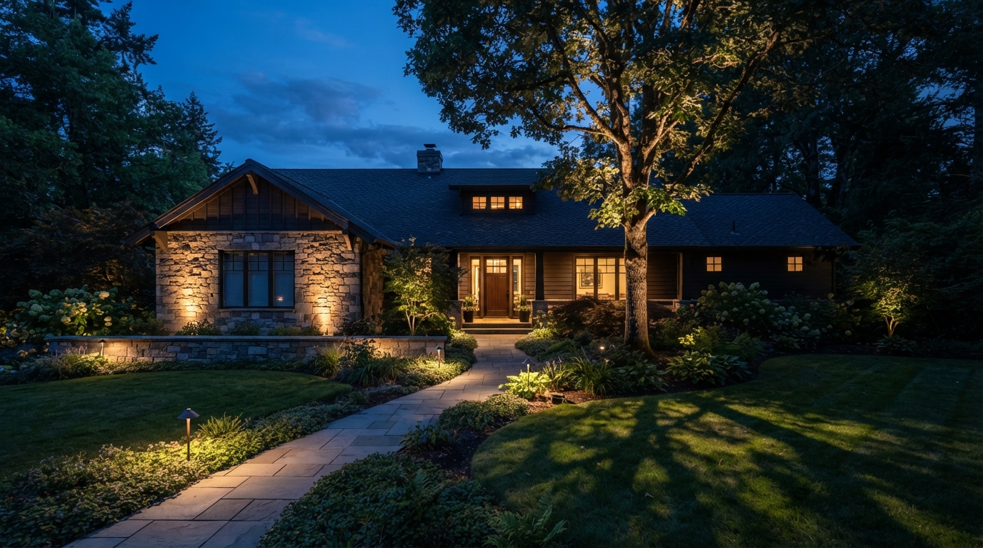 Warm landscape lighting on a Salem, Oregon home at dusk with uplighting and path lights