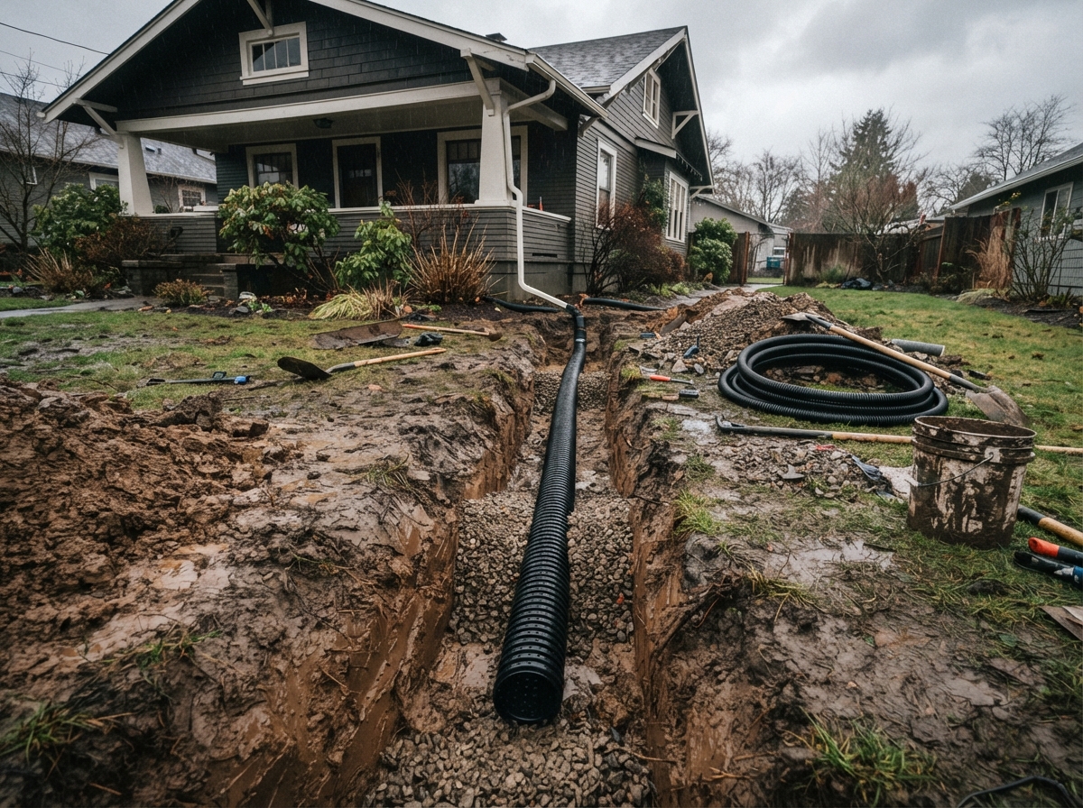 French drain installation in progress on a Salem Oregon property