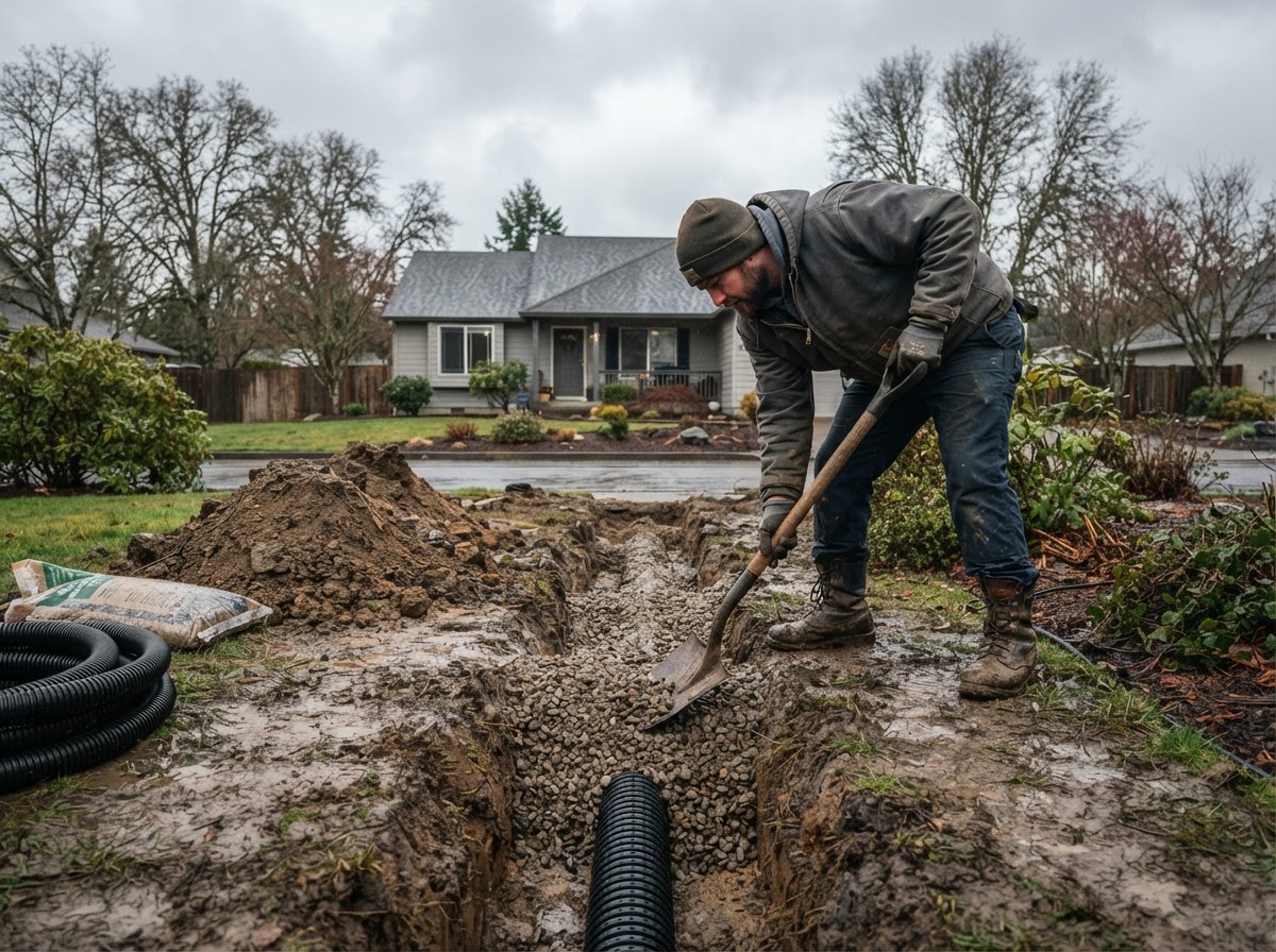 Professional drainage work in progress at a Salem Oregon property
