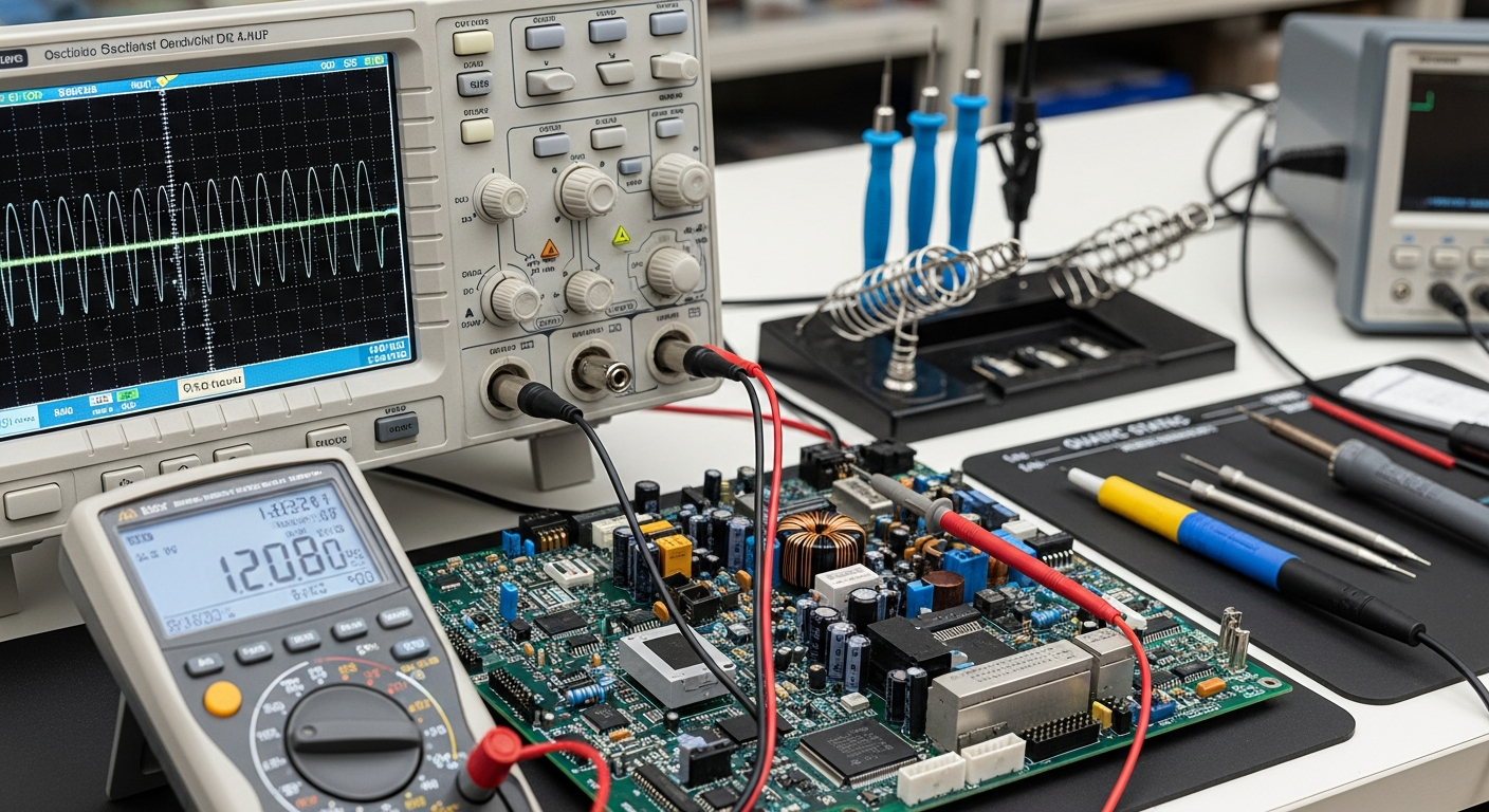 Electronics technician performing component-level PCB diagnostics at a professional repair bench