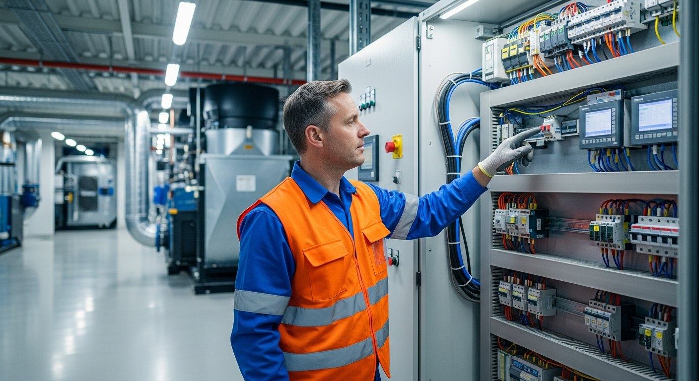 HVAC engineer inspecting control panel in industrial plant room