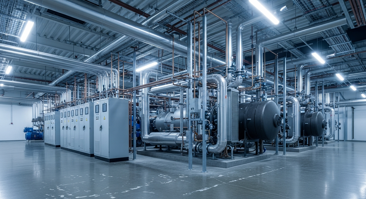 London industrial plant room with large HVAC chillers and air handling units