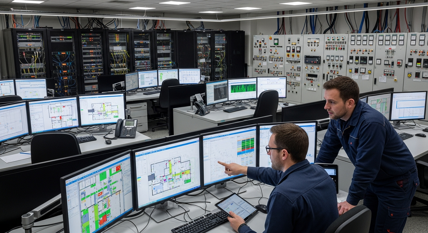 BMS building management system control room with engineers reviewing industrial system schematics
