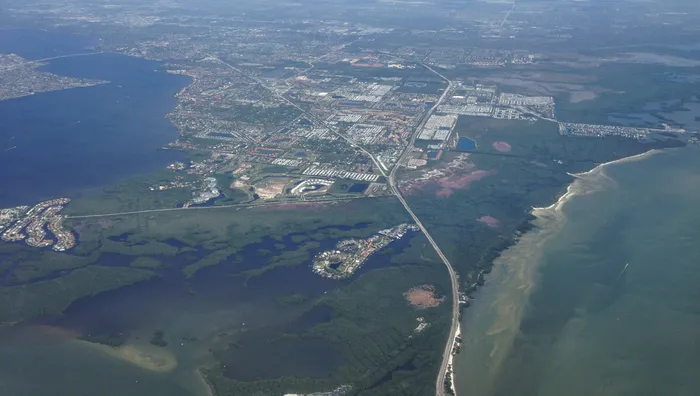 Modern aerial view of a Southwest Florida coastal community.