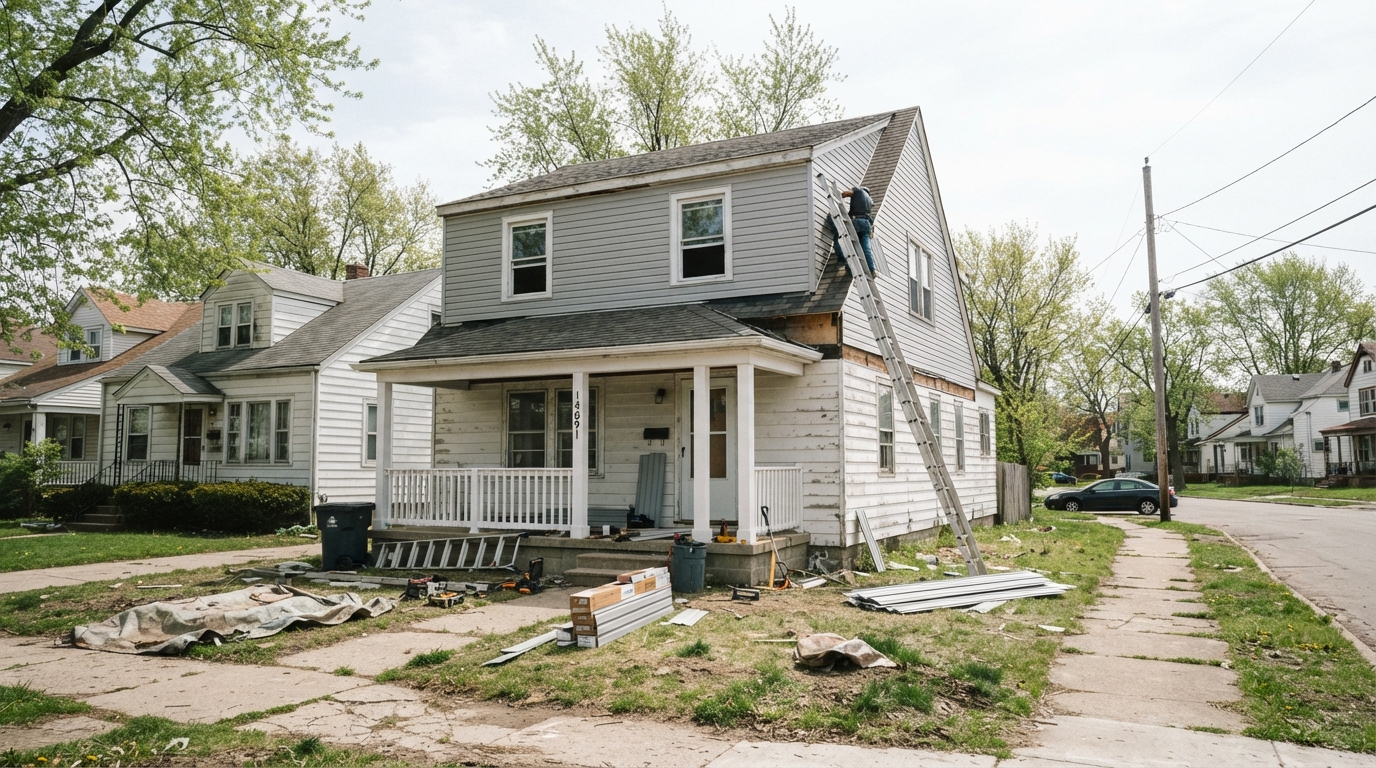 Modest suburban home under exterior renovation