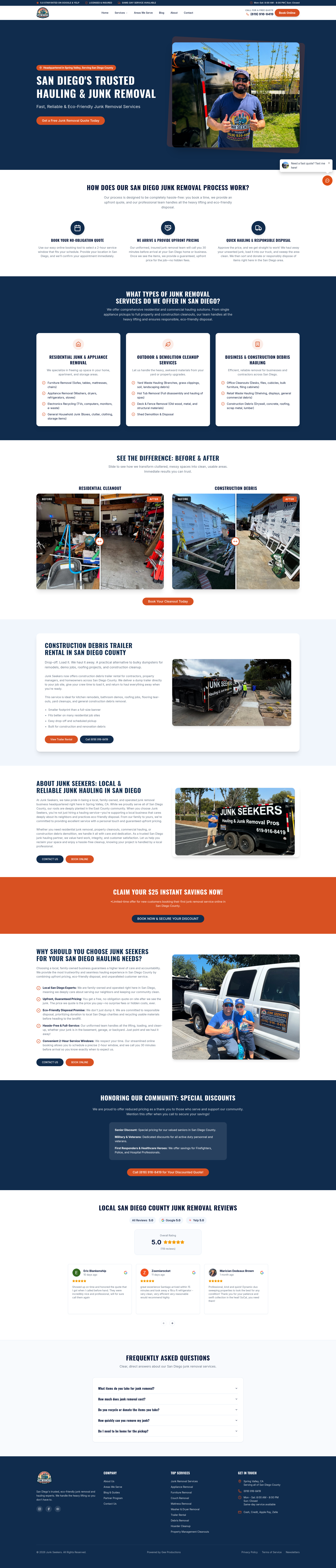 Junk Seekers homepage featuring the owner, branded equipment, and junk removal quote button.
