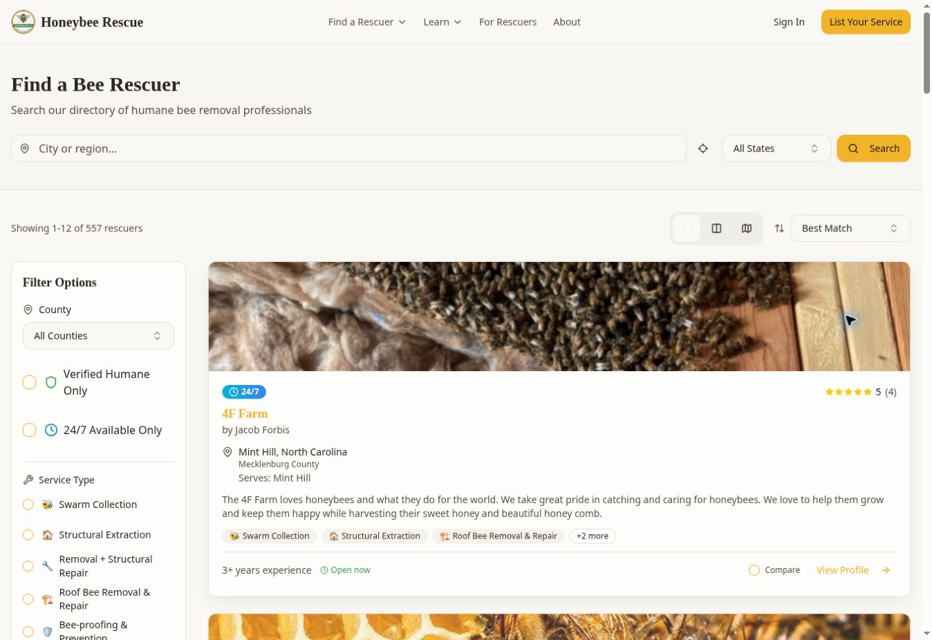 Honeybee Rescue directory applying the honeybee logo, warm colors, and location search for finding local bee help.