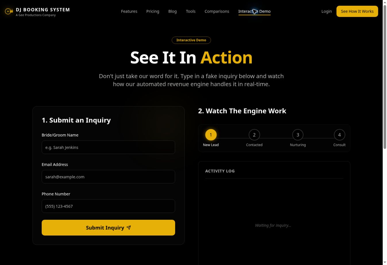 DJ Booking System public demo with an inquiry form, lead stages, and an activity log.
