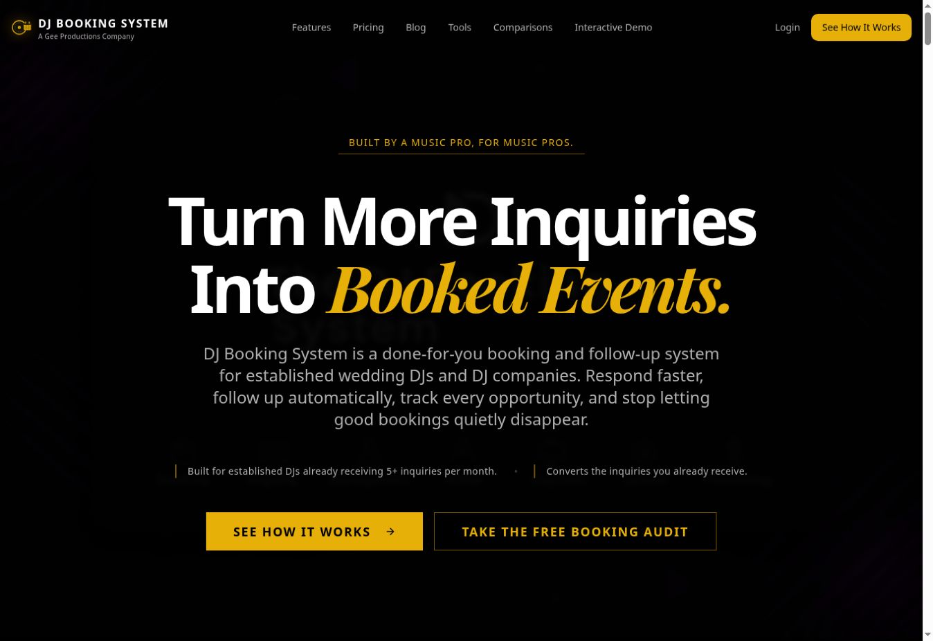 DJ Booking System homepage hero showing headline 'Turn More Inquiries Into Booked Events'.