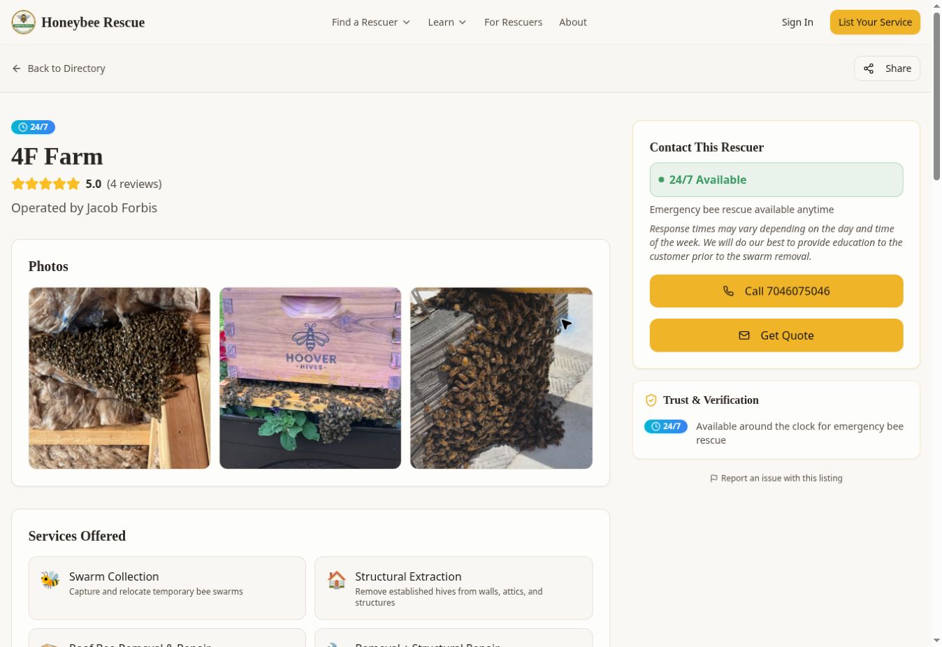 Honeybee Rescue 4F Farm provider profile with photos, services, and contact options.