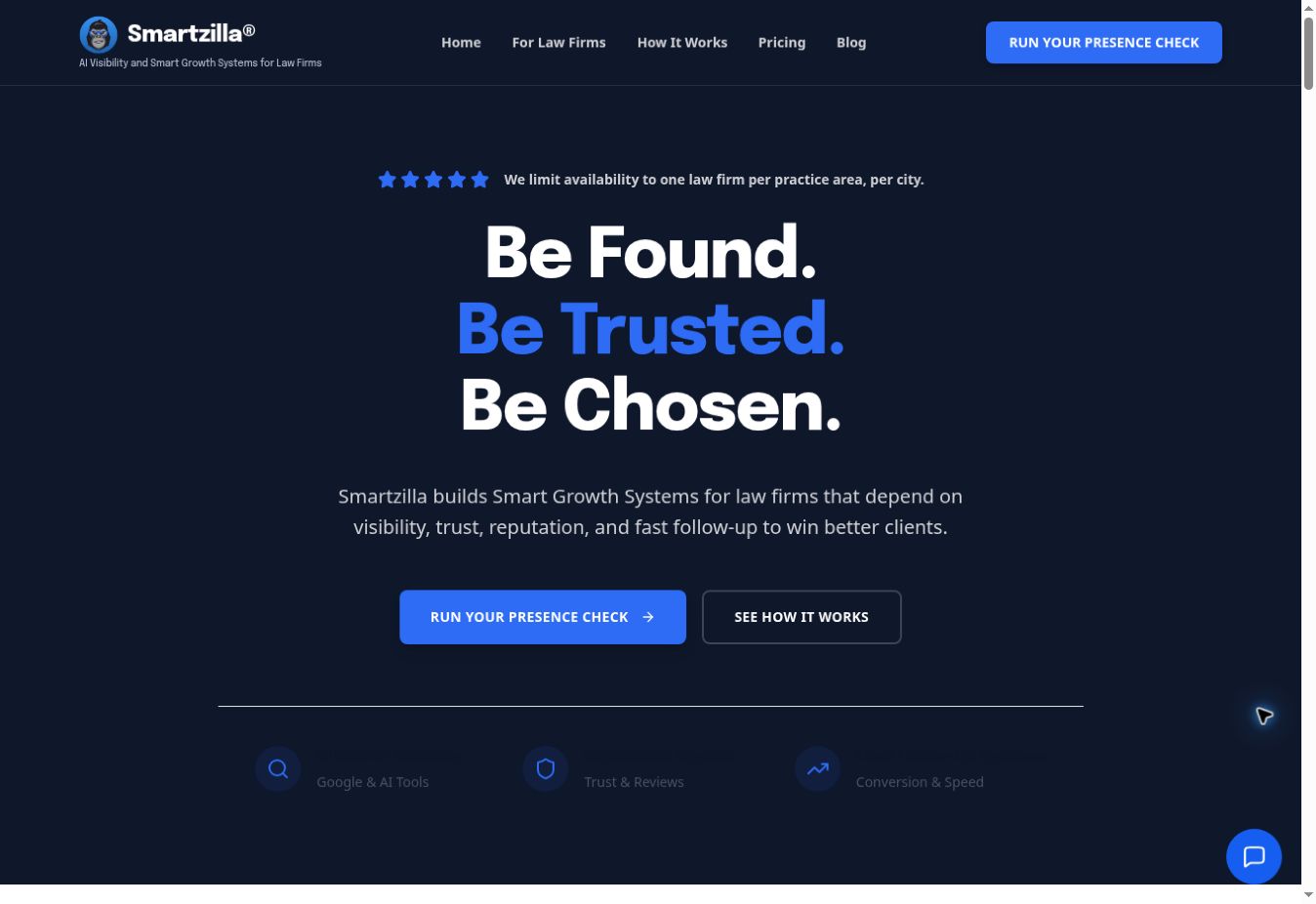 Smartzilla homepage applying the gorilla mascot, blue palette, and Be Found Be Trusted Be Chosen messaging.