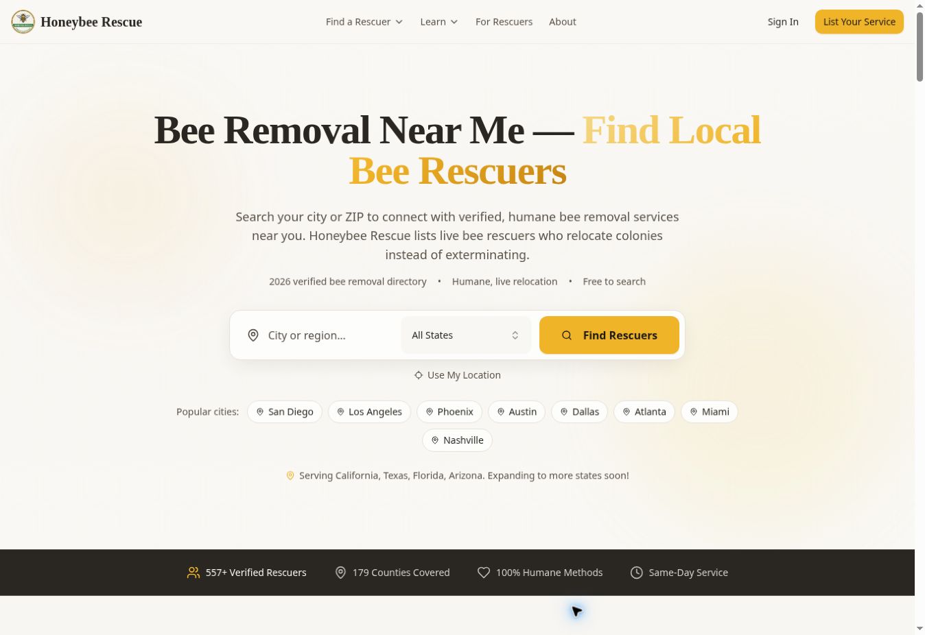 Honeybee Rescue homepage hero showing location search, state selector, and verified bee rescuers.
