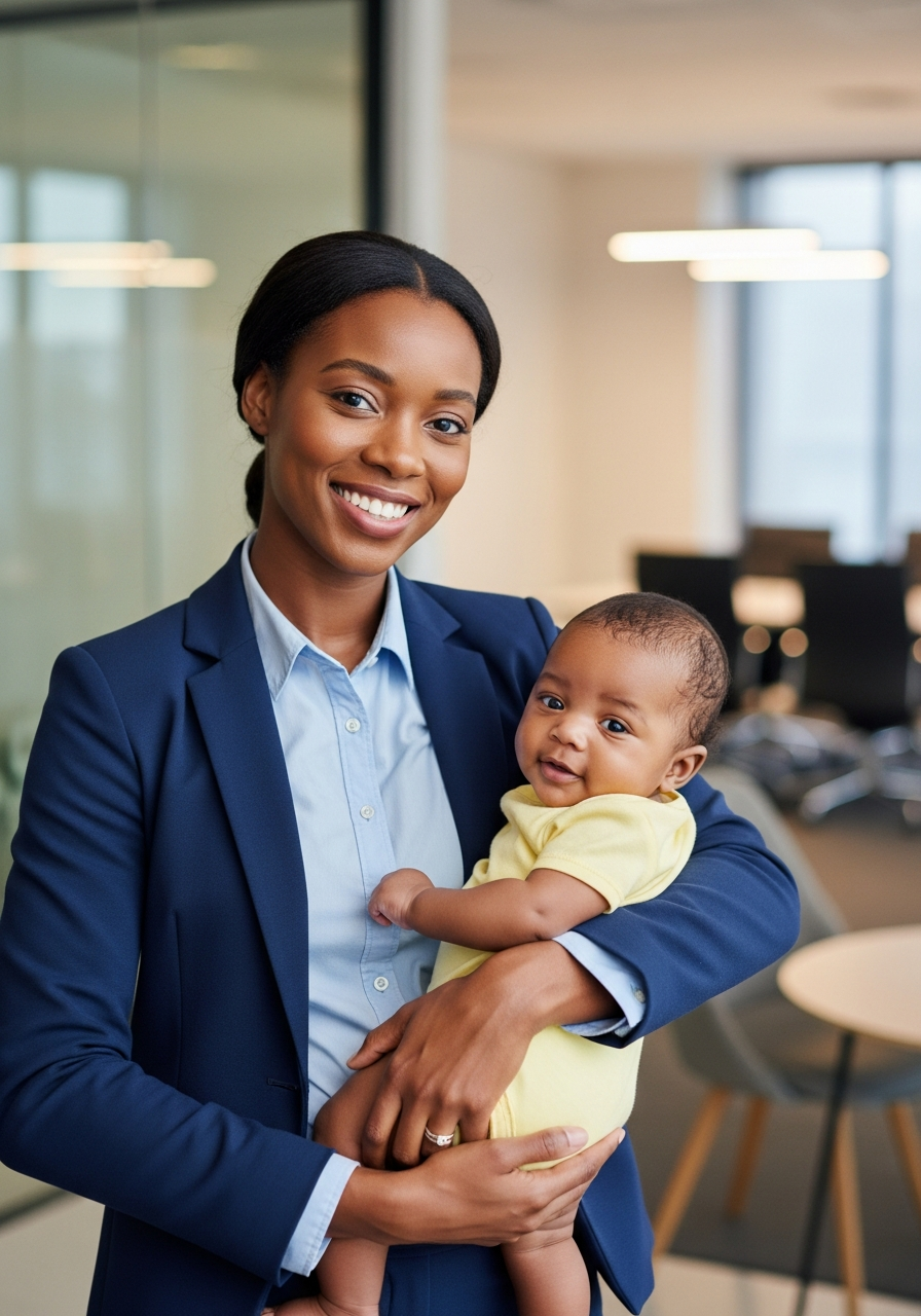 Black woman holding a baby, smiling