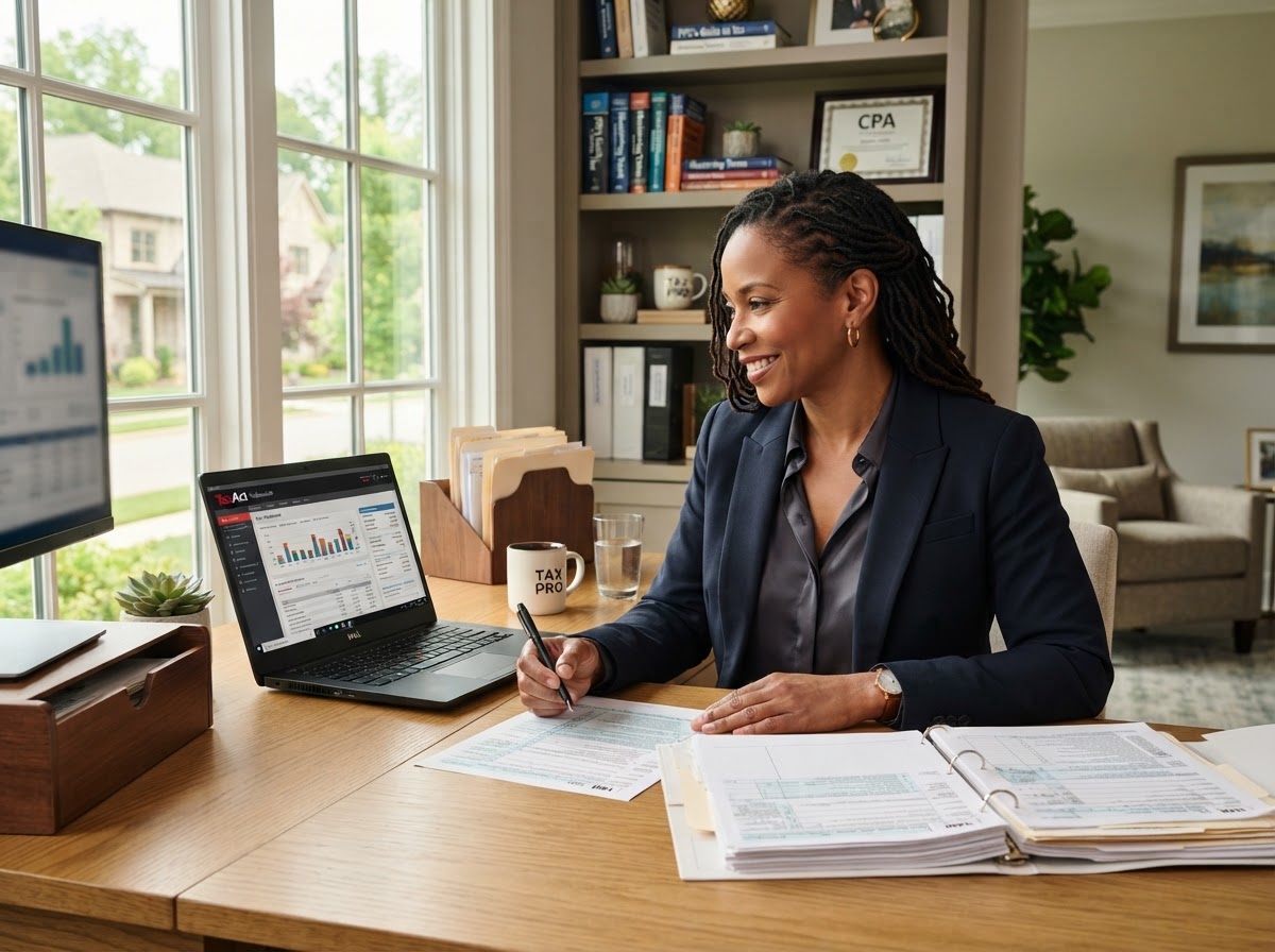 Experienced tax professional working remotely from a modern home office
