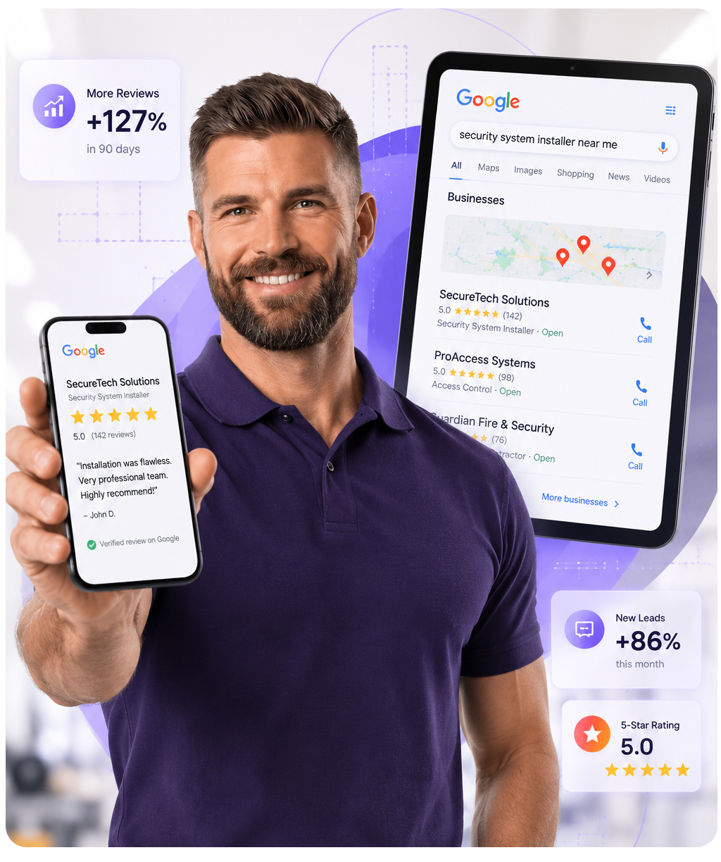 Business owner with Google reviews and search results