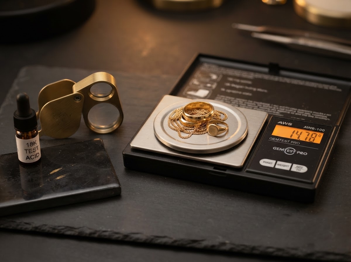 Gold testing equipment: a jeweler's loupe, precision scale, and gold rings on a dark surface