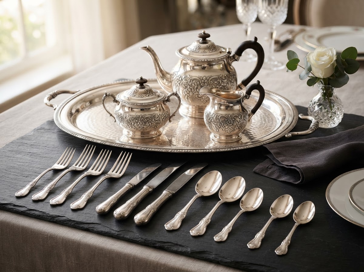 Sterling silver flatware, tea set, and serving pieces