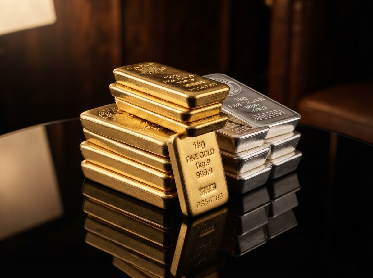 Stacked gold and silver bullion bars