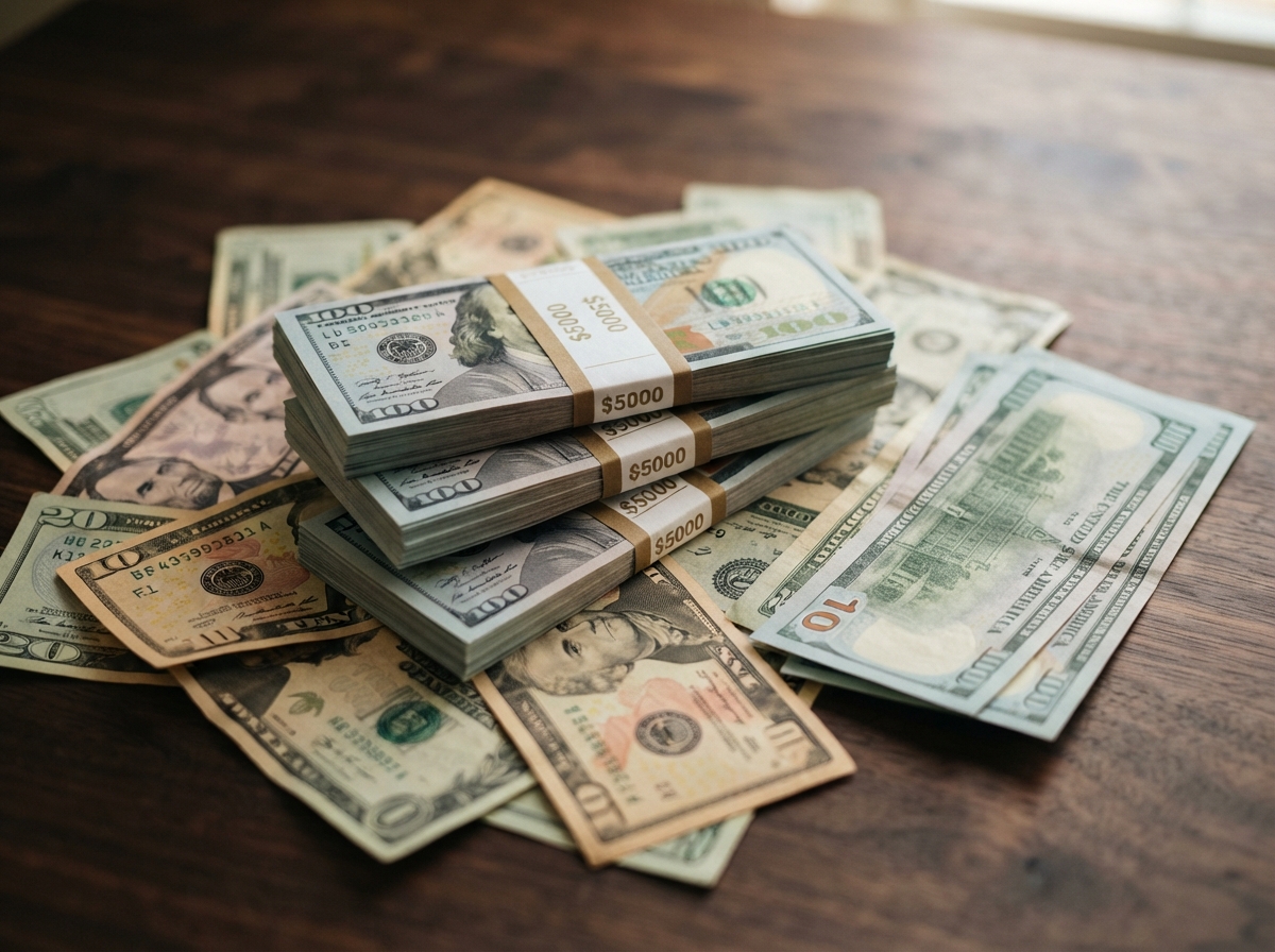 Cash paid on the spot on a wooden table