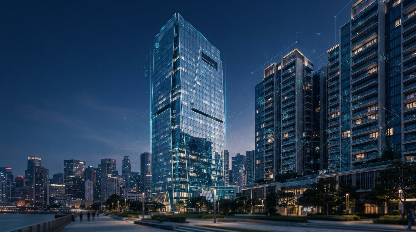 Modern real estate buildings representing tokenized property