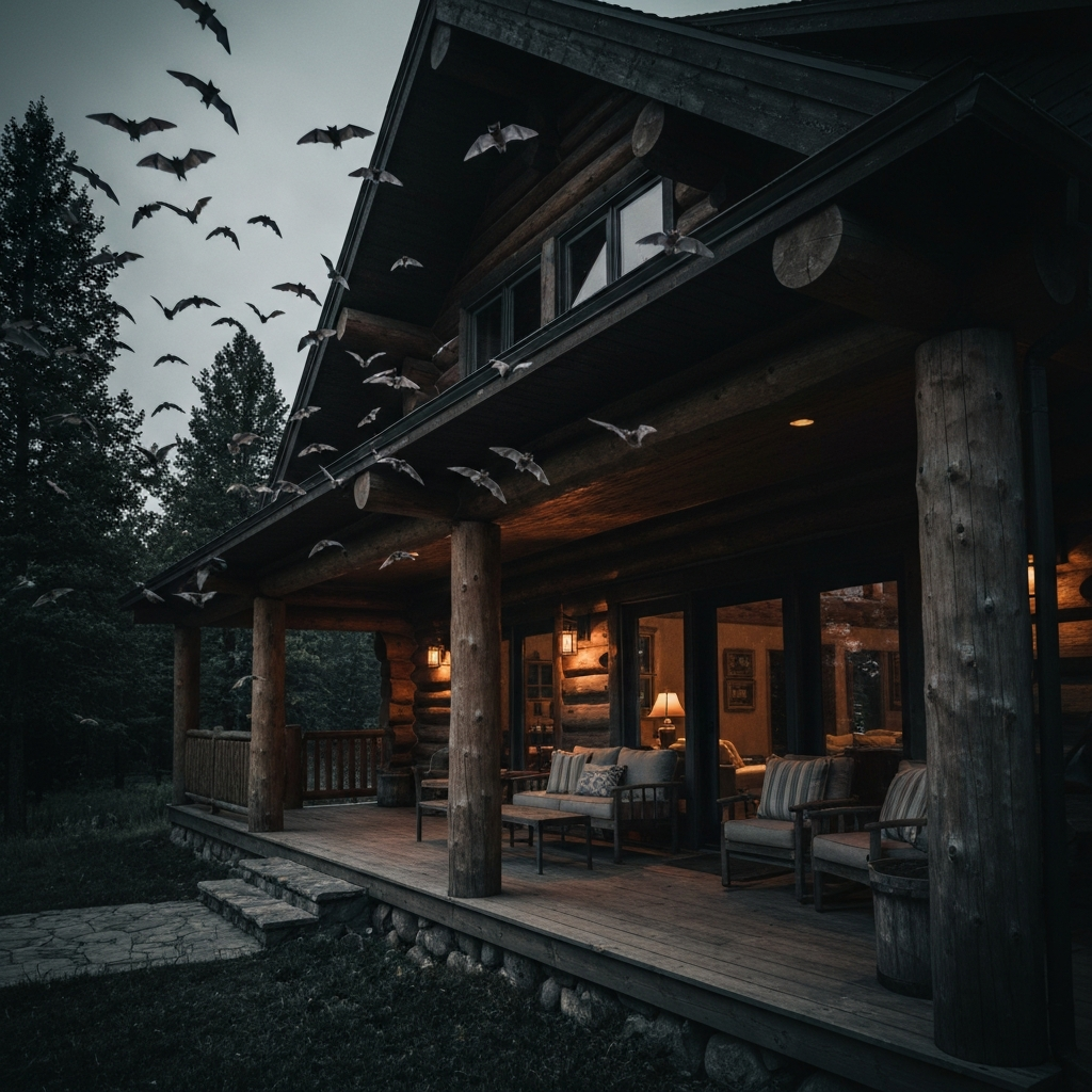 Bats flying near a premium log cabin at dusk