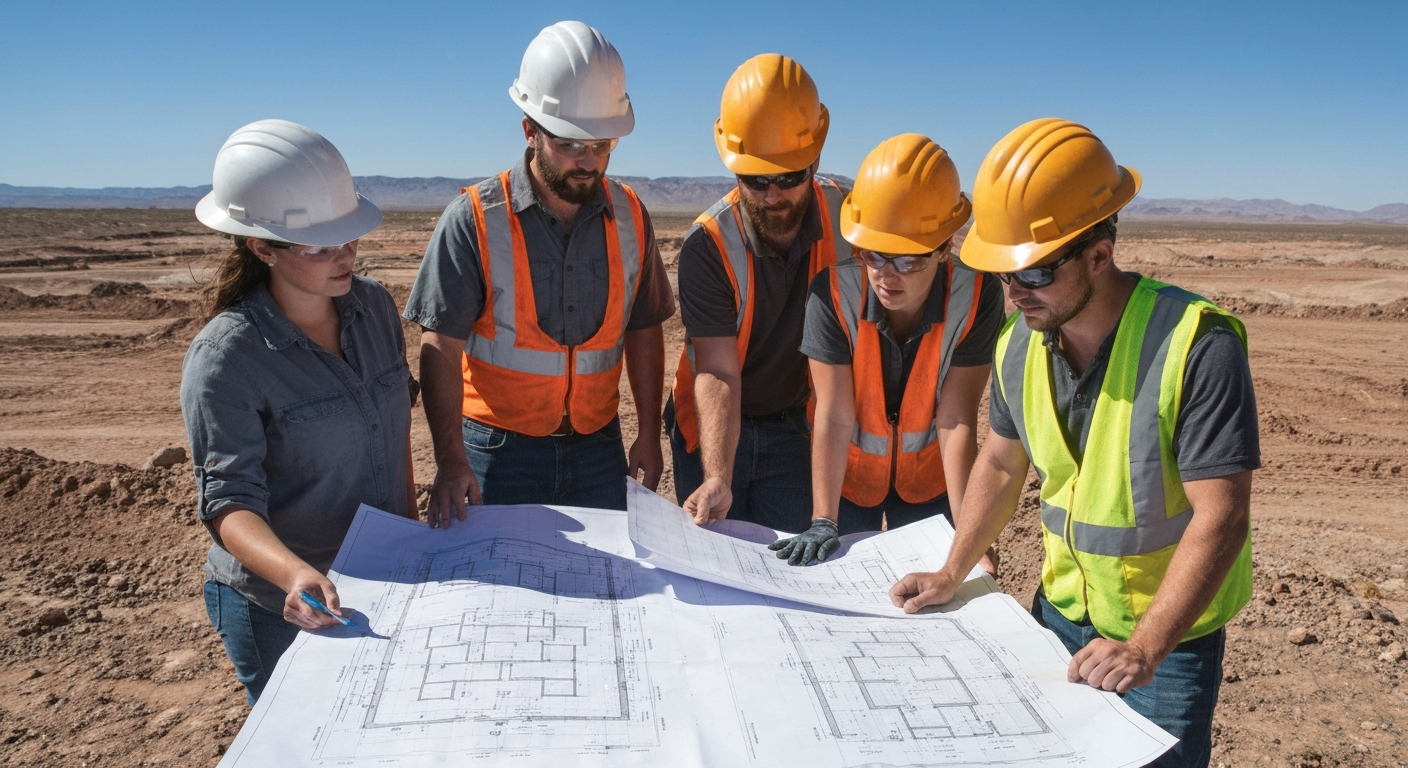Construction team reviewing blueprints