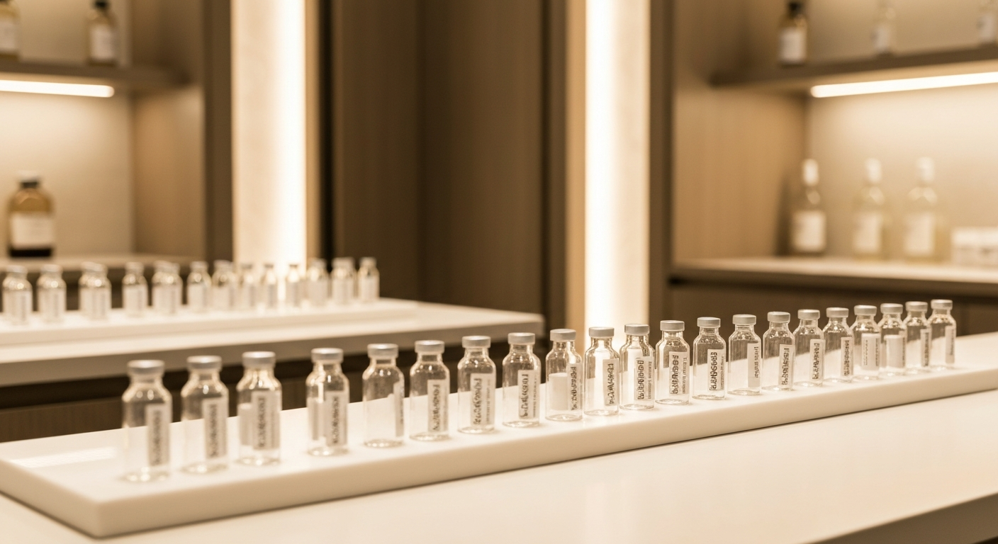 High-end compounding pharmacy setting with elegant glass vials
