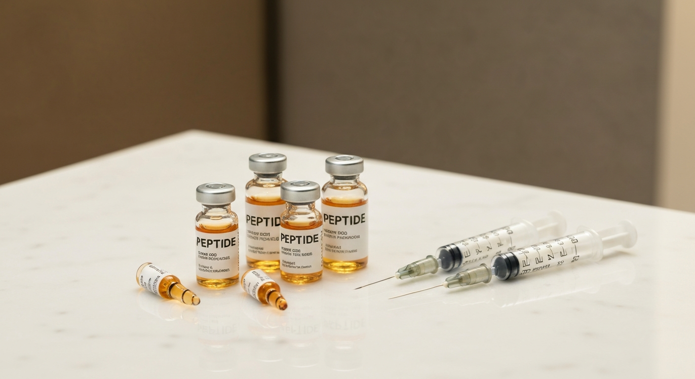 Peptide vials on a clean marble surface