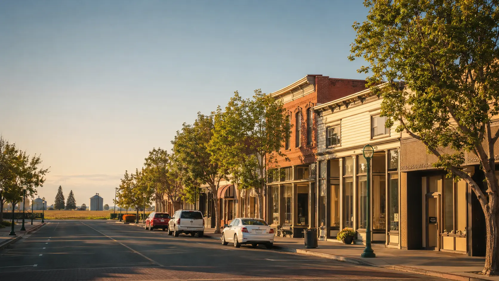 Downtown Dixon, California main street at golden hour